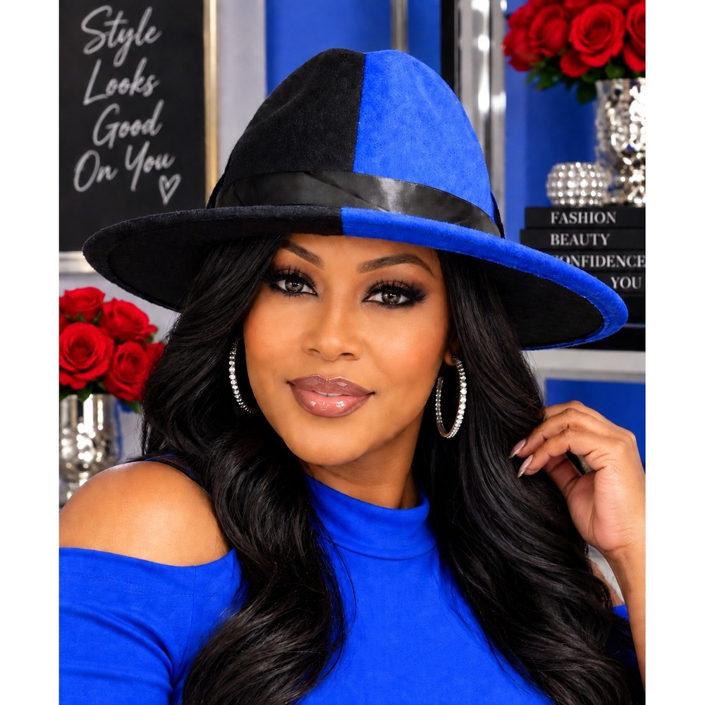 Fedora Black and Blue Hat with Black Ribbon and Gold & Blue Brooch